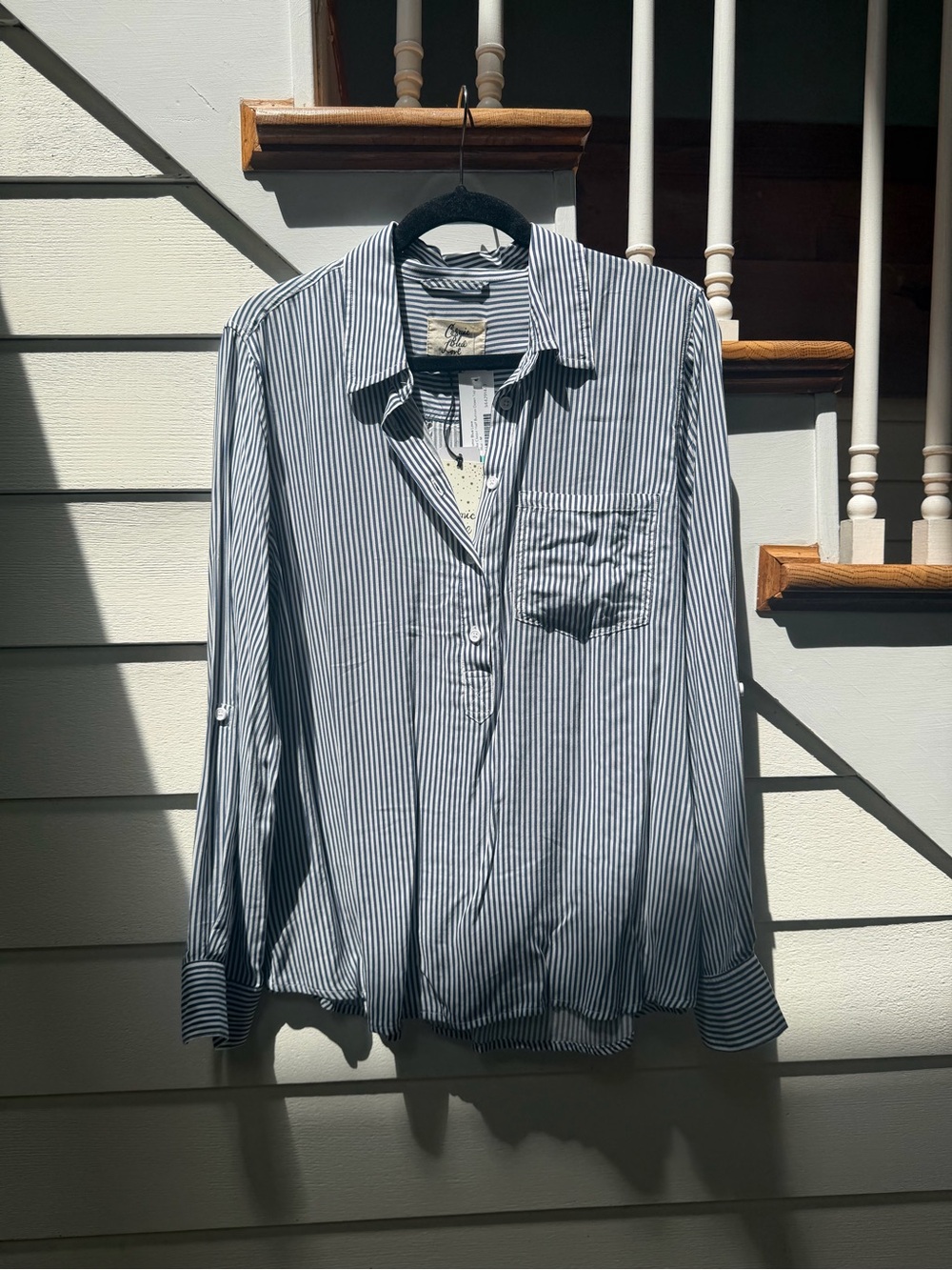 Blue & White Stripe Half Button-Down Shirt